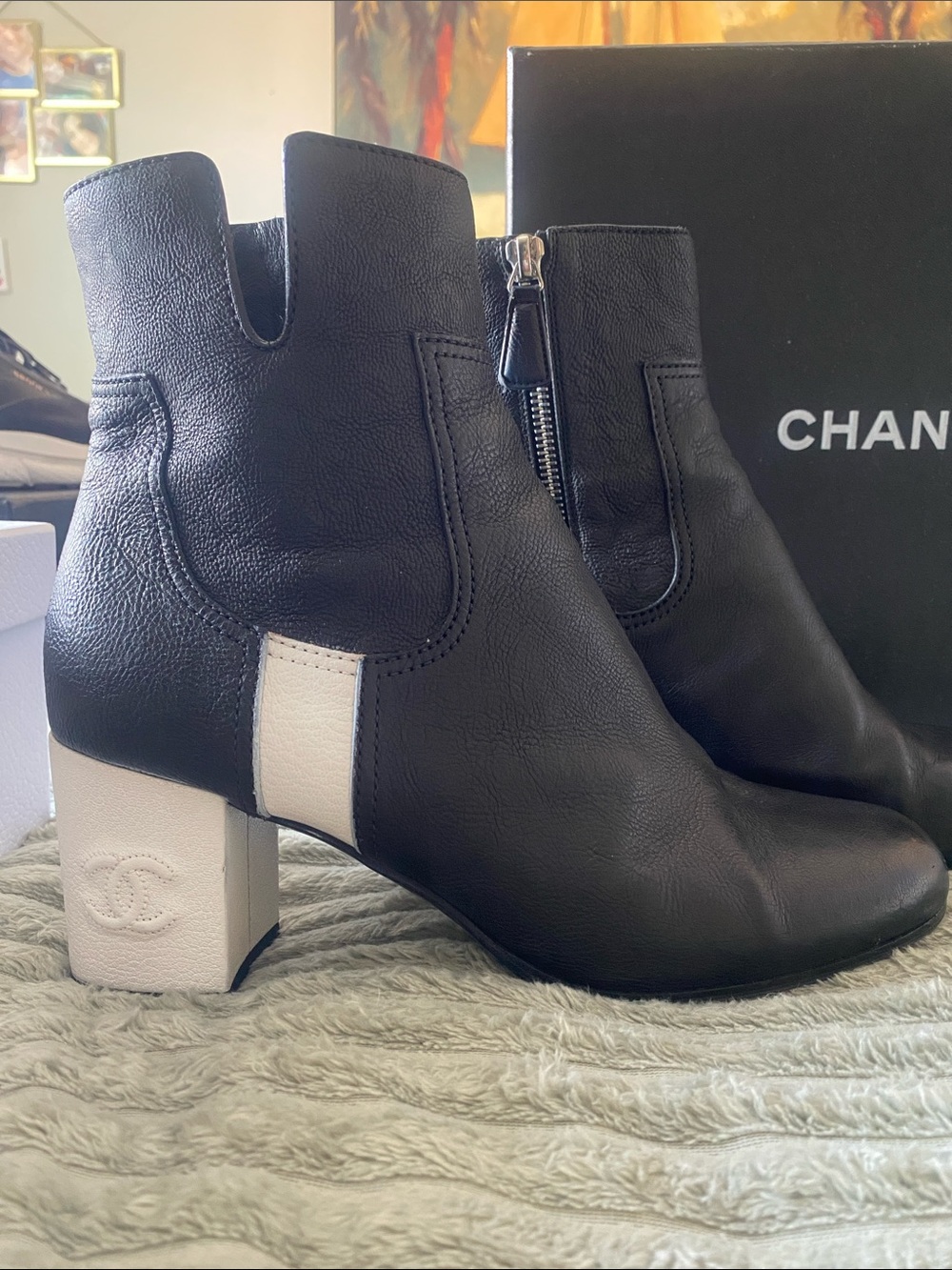 CHANEL Black Leather Ankle Boots with Cream Block Heel